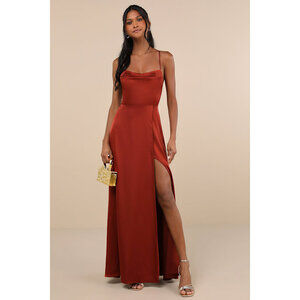 Lulus So Loving Rust Orange Satin Pleated Lace-up Backless Maxi Dress - Size XS